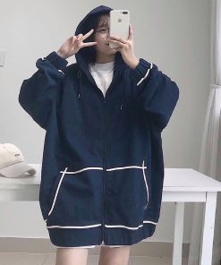 Áo Khoác Hoodie Zipper Kẻ Viền Túi Nữ
